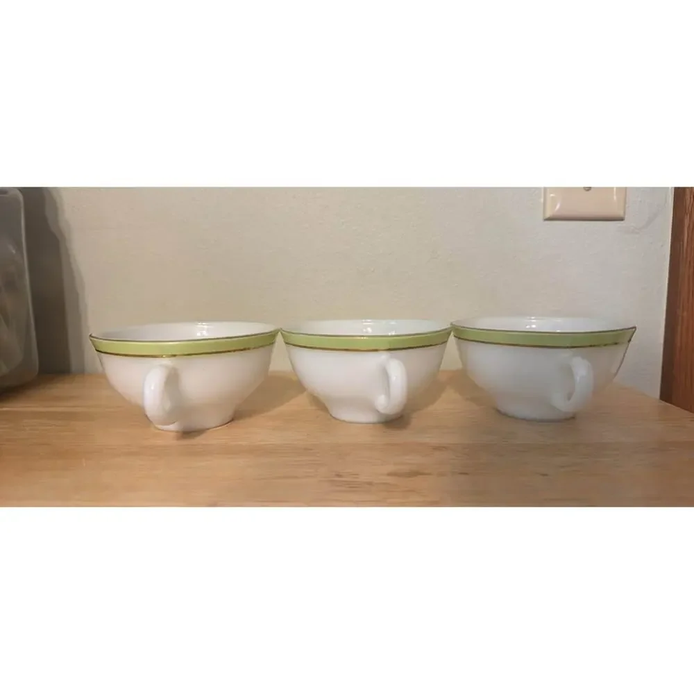 Pyrex Vintage Milk Glass Cups Green Gold Trim Set of 3